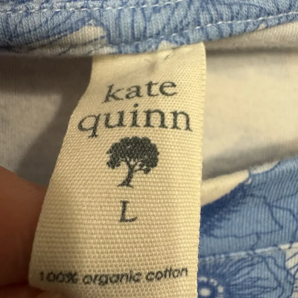 Kate Quinn Blouse Large Womens Organic Cotton Peasant Top White Blue Floral Twee - Picture 6 of 8